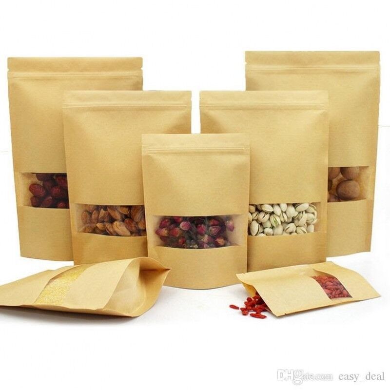 Bolsas de Papel Kraft Doypack Autocierre y Ventana 25x35+12