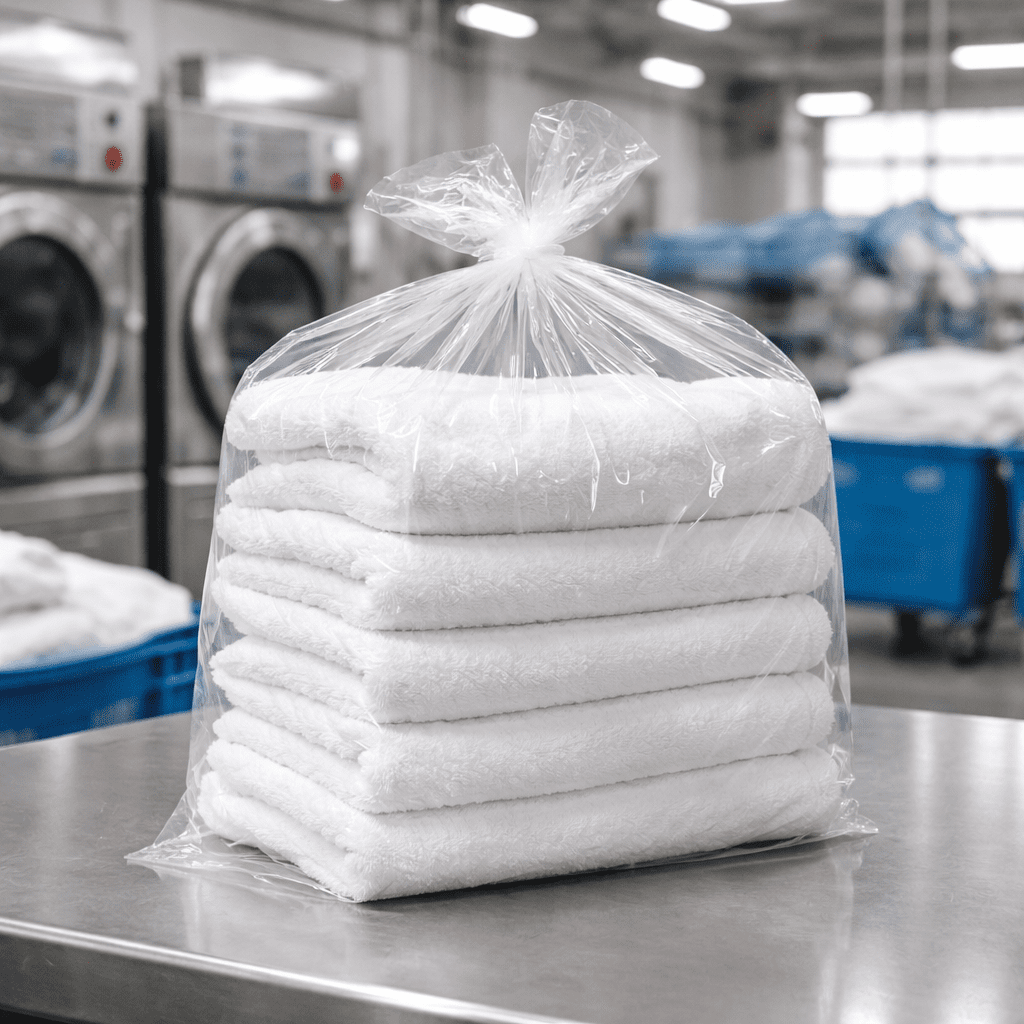 Bolsa de plástico transparente de polietileno anónima con toallas blancas en lavandería industrial